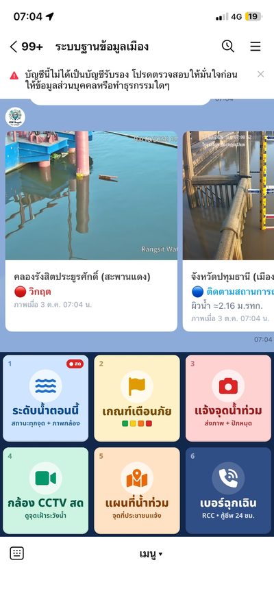 ตัวอย่างแชท LINE ระบบฐานข้อมูลเมือง: การ์ดภาพกล้องระดับน้ำ และเมนู 6 ปุ่ม ระดับน้ำตอนนี้ เกณฑ์เตือนภัย แจ้งจุดน้ำท่วม กล้อง CCTV สด แผนที่น้ำท่วม เบอร์ฉุกเฉิน